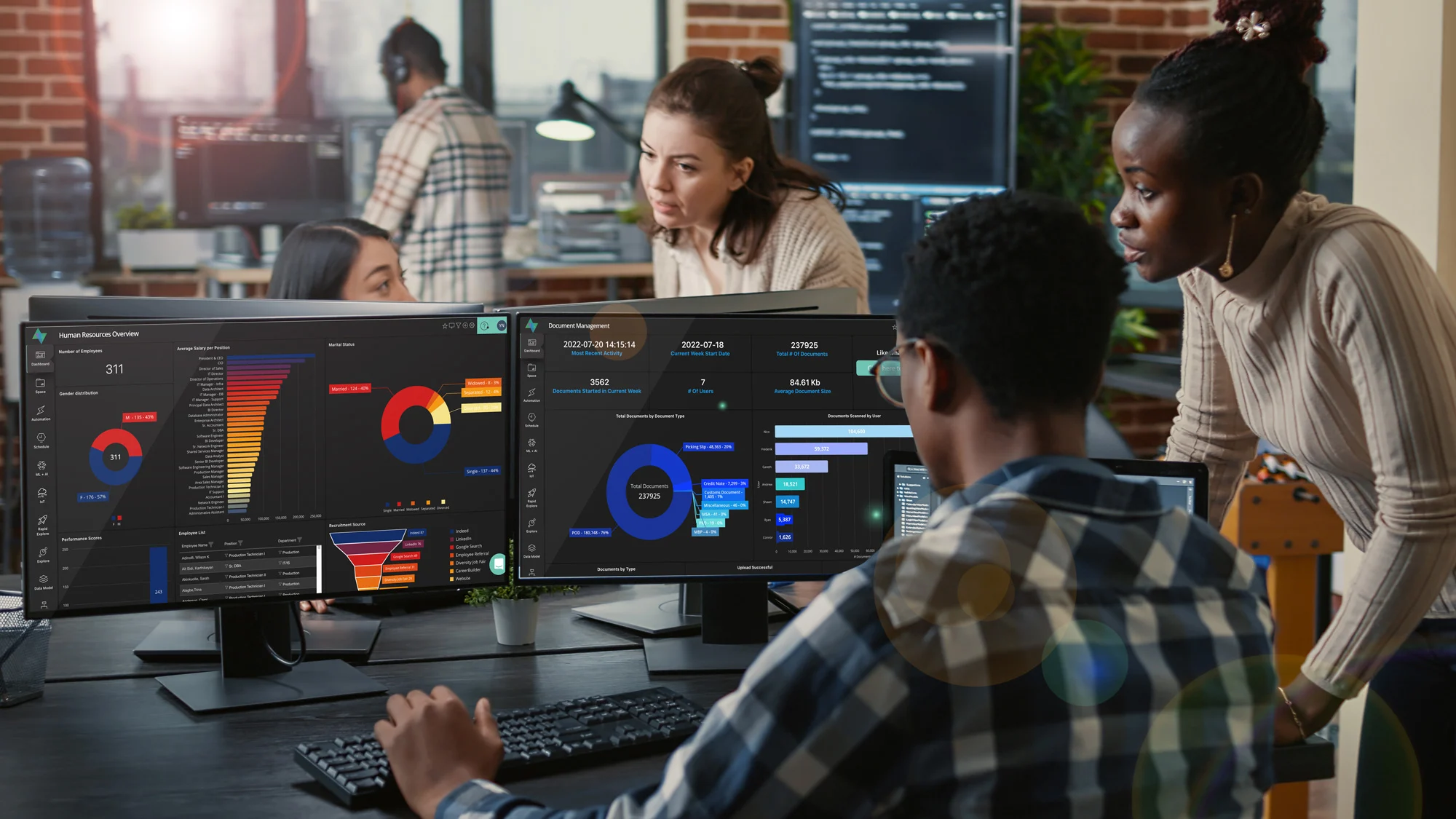OQLIS - Make sense of your business data utilising smart AI Office colleagues looking at OQLIS dashboards on screens