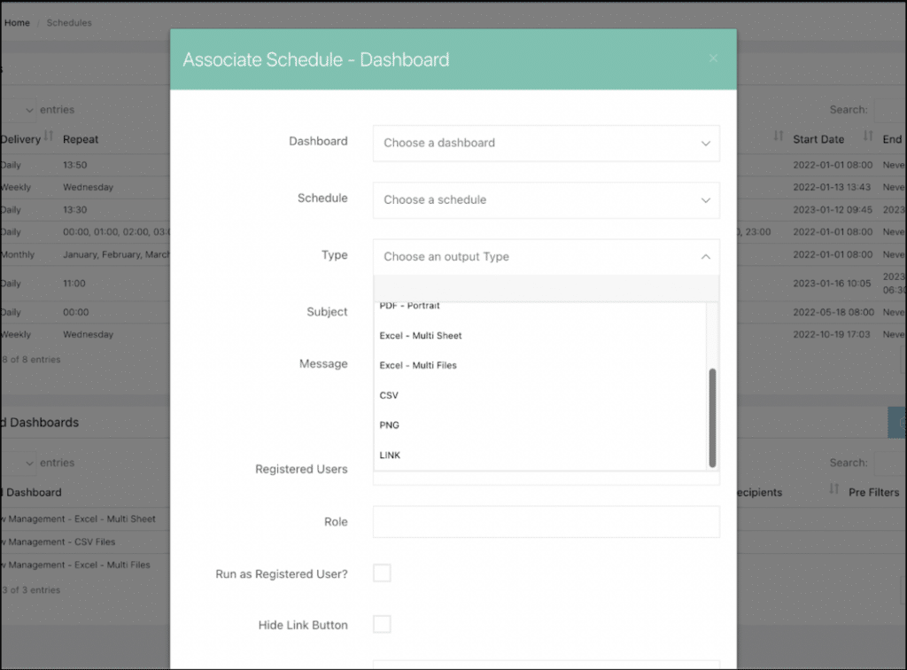 OQLIS Feature - Dashboard Excel and CSV Export and Schedule